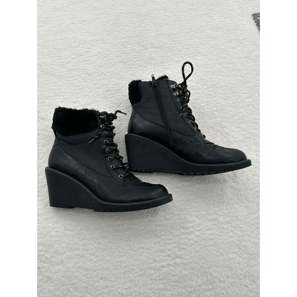 Rouge Helium Womens Black Wedge Ankle Boots Faux Fur Trim Lace Up Side‎ Zip 10